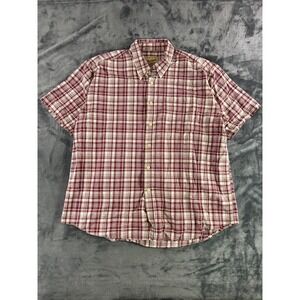 Y2K Woolrich 2XL Plaid Button Up Shirt Burgundy White Short Sleeve Outdoors Work